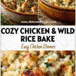 Golden baked Chicken and Wild Rice Casserole topped with herbs in a rustic dish
